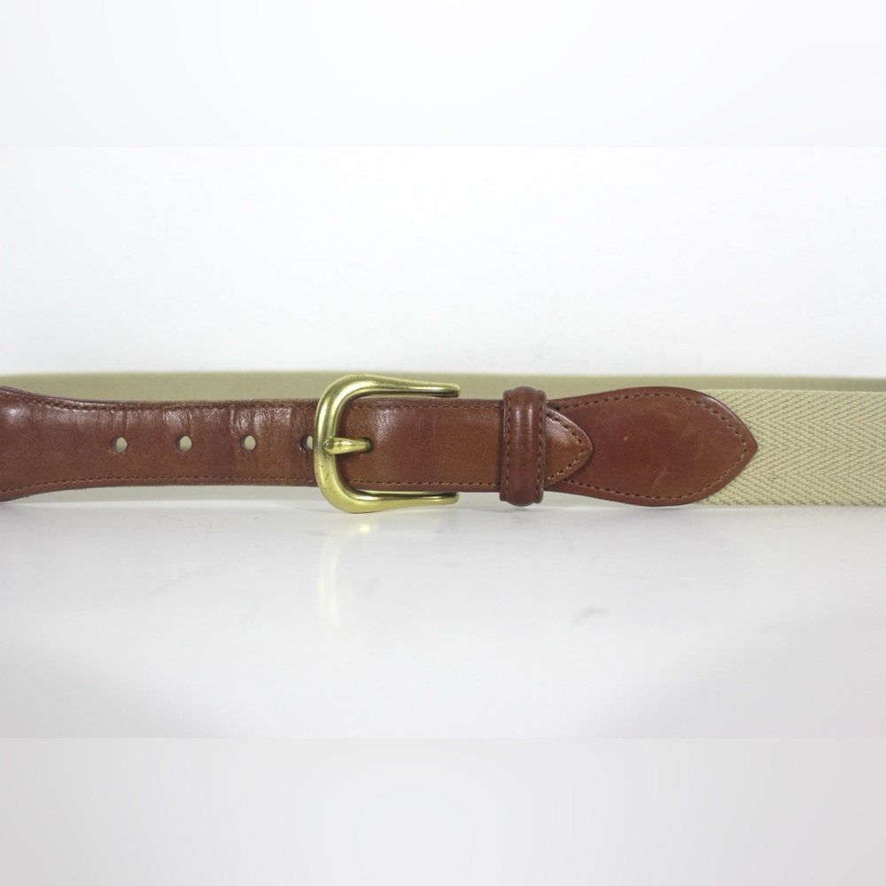 Vintage Tan Brown Leather and Cream Cotton Webbing Belt with Brass Buckle Mens